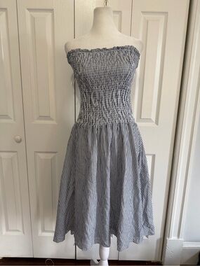 English Factory Smocked Strapless Striped Midi Dress Black/White Medium